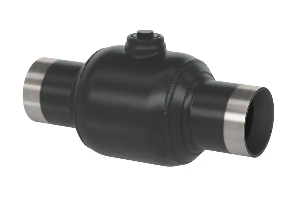 Kugelhahn von Danfoss, schwarz lackiert, mit zwei Anschlussenden. Verwendung in Rohrleitungssystemen zur Steuerung des Durchflusses.